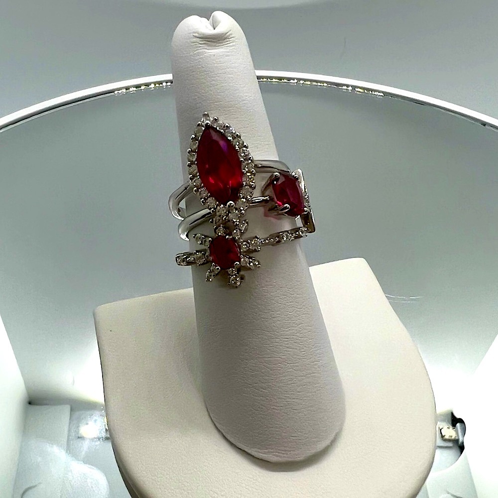 Set of 3 Sterling Silver Ruby Rings Size 4-10 -includes Marquis, Snowflake, Star